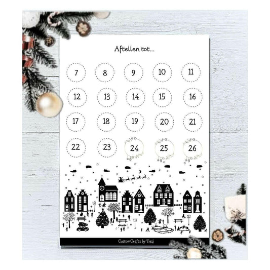 Kerst | Aftelkalender Zwart/Wit | PDF-printable CustomCrafts by Tasj 