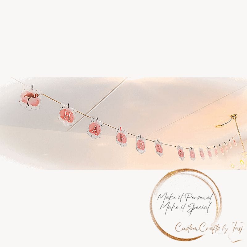 Voor de jarige! | Verjaardagsslinger | Vlaggetjes Flamingo & Happy Birtday - CustomCrafts by Tasj 